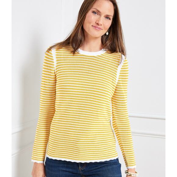 TALBOTS M Crewneck Knit Sweater Scallop Trim Yellow White Stripe Preppy Coastal - Picture 1 of 12